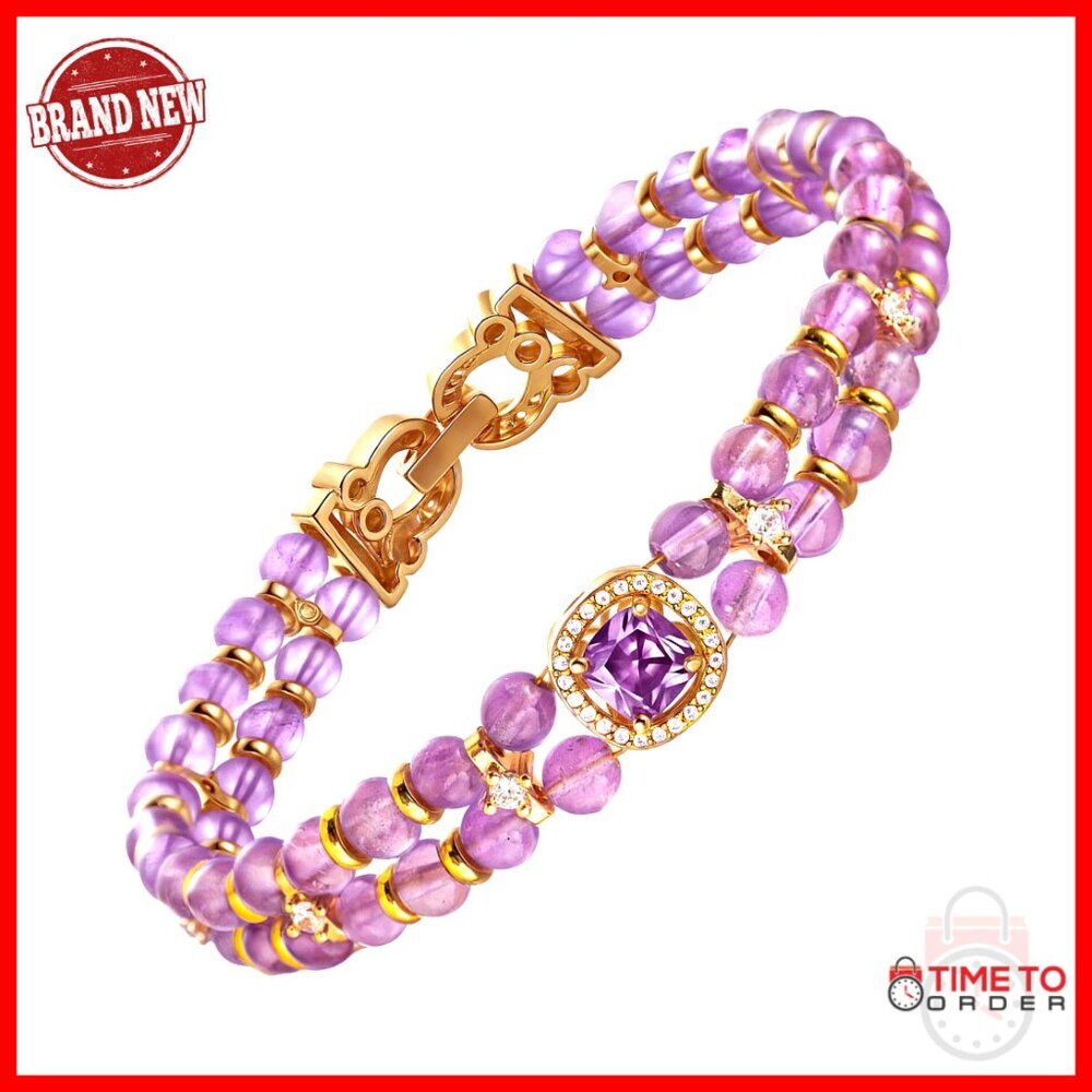 18K Gold Plated Amethyst Tennis Bracelet, Adjustable Double Row Beaded